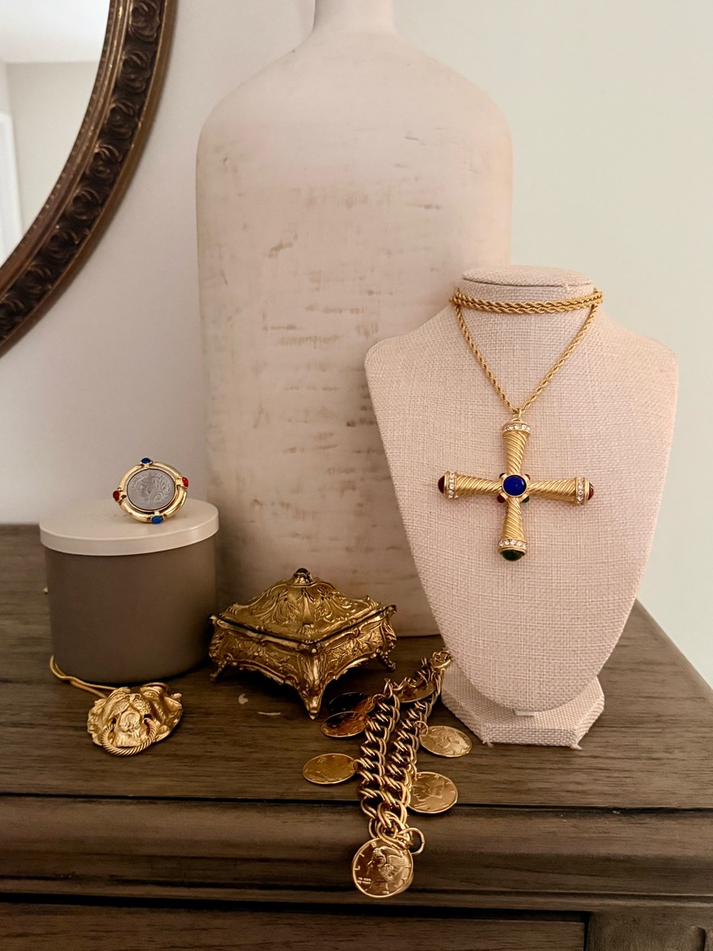 Gold-Tone Motif Style Cross Pendant Necklace with Blue, Red & Green Cabochons